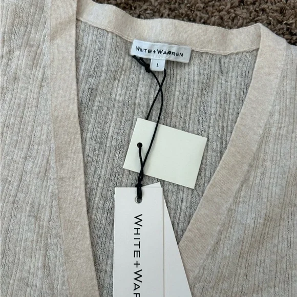 NWT White + Warren Linen Gauze Verigated Ribbed Cardi Top in Oatmeal Heather - Picture 6 of 13